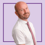 Light purple background with image of Royston Collins, wearing a white shirt and orange tie, smiling at the camera.