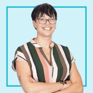 Light blue background with image of Kate Pearson, wearing a stripey blouse and smiling at the camera.