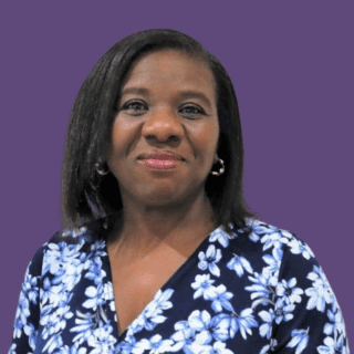 Purple background with image of Lizzy Daniels smiling at the camera