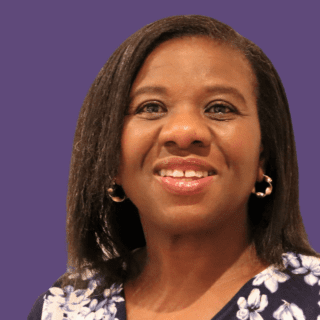 Purple background with image of Lizzy Daniels smiling at the camera