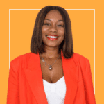 Yellow background with Angelica Simpson wearing a bright orange blazer and white vest, smiling at the camera