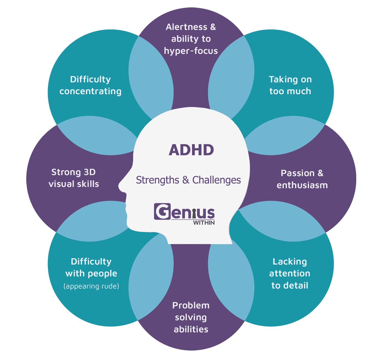 Info graphic with head at the centre and overlapping text bubbles in a circle around it. Title reads: ADHD, strengths and challenges. The strengths and challenges are listed as follows; alertness and ability to hyper-focus, taking on too much, passion and enthusiasm, lacking attention to detail, problem solving abilities, difficulty with people (appearing rude), strong 3D visual skills, difficulty concentrating.