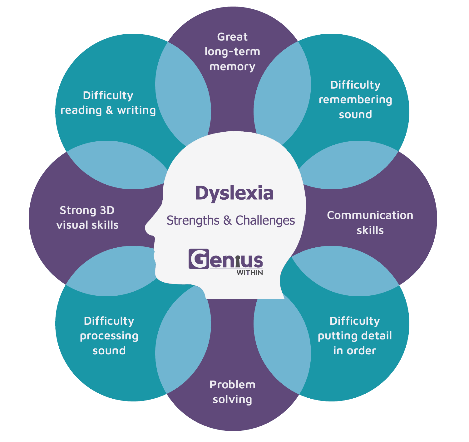 Info graphic with head at the centre and overlapping text bubbles in a circle around it. Title reads: Dyslexia, strengths and challenges. The strengths and challenges are listed as follows; Great long-term memory, difficulty remembering sound, communication skills, difficulty putting detail in order, problem solving, difficulty processing sound, strong 3D visual skills, difficulty reading and writing.