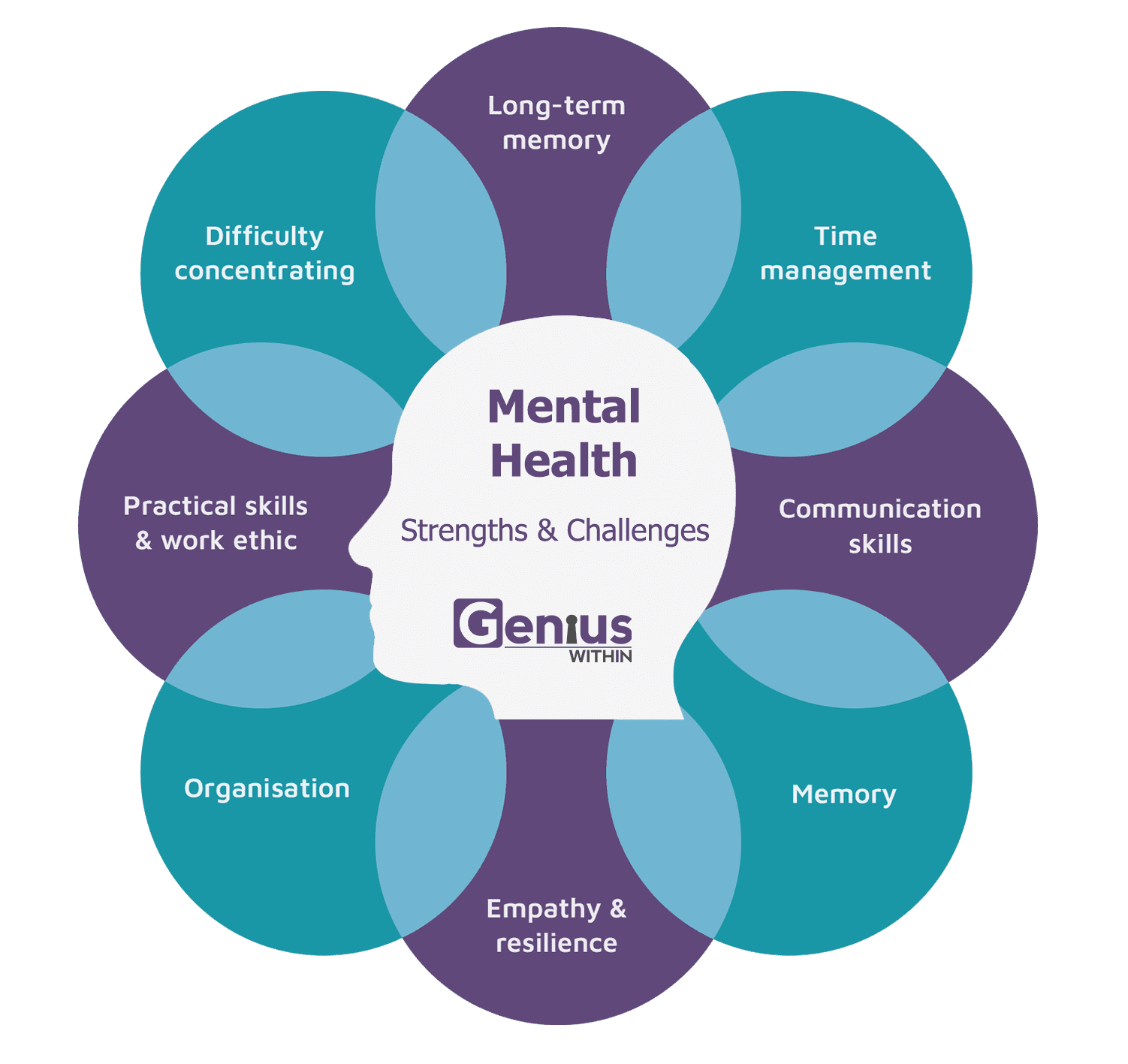 Info graphic with head at the centre and overlapping text bubbles in a circle around it. Title reads: Mental HEalth, strengths and challenges. The strengths and challenges are listed as follows; good long-term memory, difficulty with time management, strong communication skills, challenges with memory, empathy and resilience, challneges with organsiation, good practical skills and work ethic, difficulty comcentrating.