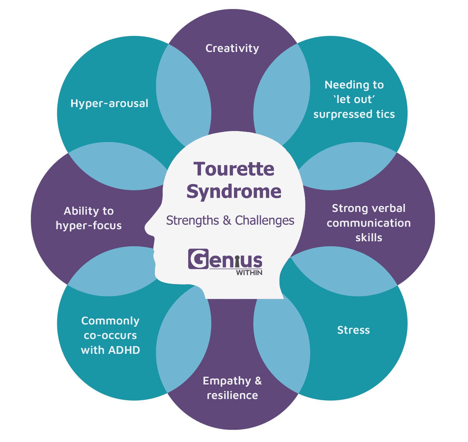 Info graphic with head at the centre and overlapping text bubbles in a circle around it. Title reads: Tourette Syndrome, strengths and challenges. The strengths and challenges are listed as follows; creativity, needing to 'let out' supressed tics, strong verbal communication skills, stress. empathy and resilience, commonly co-occurs with ADHD, ability to hyper-focus, hyper-arousal.