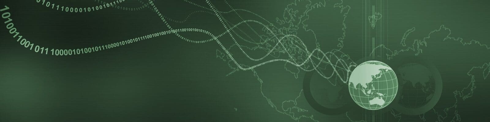 Green background with image of a globe. wavy streams of binary code are flowing out of the globe symbolising communicating through the internet.
