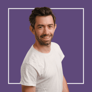 Purple background with white square outline with image of Alex Preston, wearing a white t-shirt, smiling at the camera.