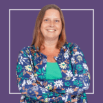 Purple background with image of Gemma Pullen, wearing a colourful flowery cardigan and green t-shirt, smiling at the camera.