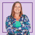 Light purple background with image of Gemma Pullen, wearing a colourful flowery cardigan and green t-shirt, smiling at the camera.