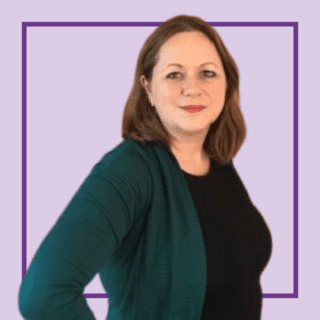 Light purple background with image of Helen Doyle, with a green cardigan and black t-shirt on, smiling at the camera