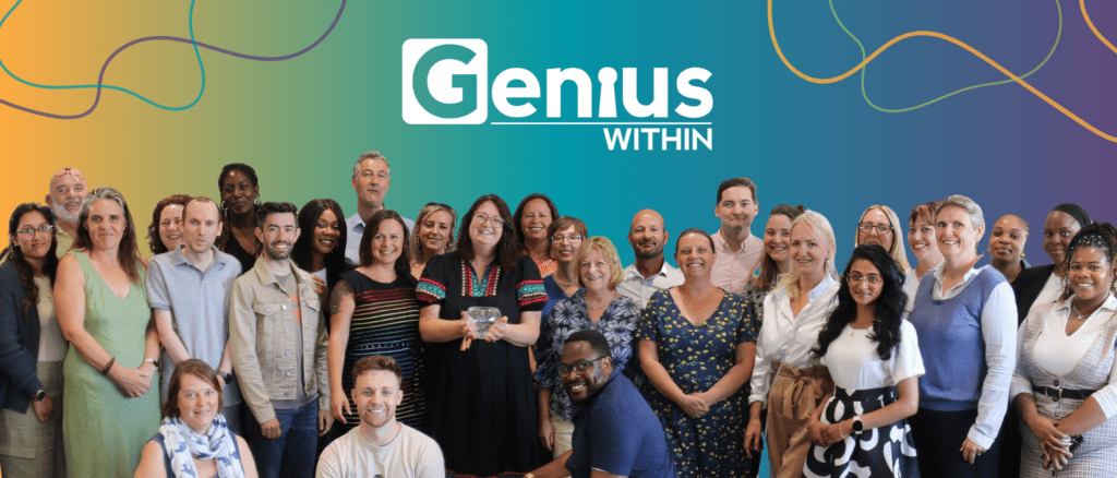 Group image of Genius Within Employee's on a gradient background with graphic lines with Genius Within Logo