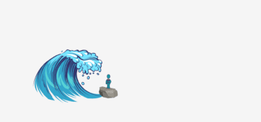 Graphic of a large wave approaching a stick figure on a rock.