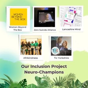 Green background with leaf graphic footer and image of the Inclusion Project Neuro-Champions of the 2024 CND Awards