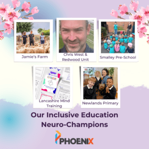 Pastel purple and blue background with pink flowery header and images of the Inclusive Education Provider Neuro-Champions of the 2024 CND Awards