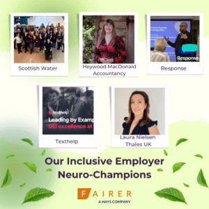 Green and white background with leaf graphic footer and images of the Inclusive Employer Neuro-Champions of the 2024 CND Awards