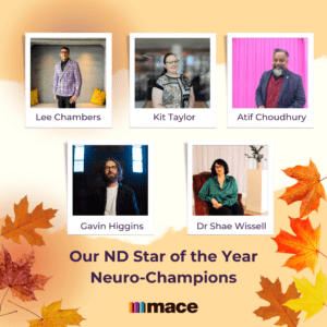 Orange and light yellow background with an orange autumnal leaf footer and images of the Star of the Year Neuro-Champions of the 2024 CND Awards