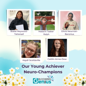 Light blue and cream background with daisy graphic footer and images of the Younger Achiever Neuro-Champions of the 2024 CND Awards