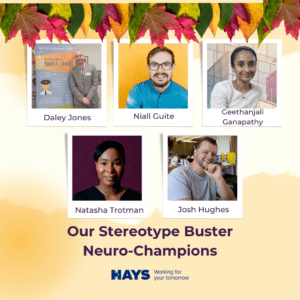 Yellow and cream background with an autumnal leaves header  and images of the Stereotype Buster Neuro-Champions of the 2024 CND Awards