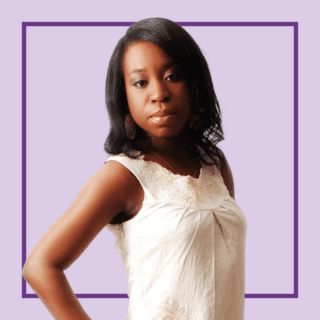 Light purple background with image of Akua Opong, wearing a white blouse wit her hand on her hip, looking into the camera.