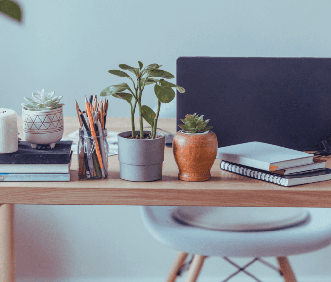 Image of a work from home desk with plants and a pencil pot on