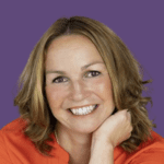 Purple background with image of Sally Chapman, wearing an orange shirt and smiling at the camera.