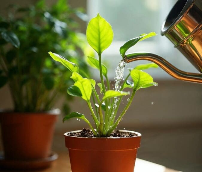 Image of a potted house plant, in the light of the sun being watered from a can.