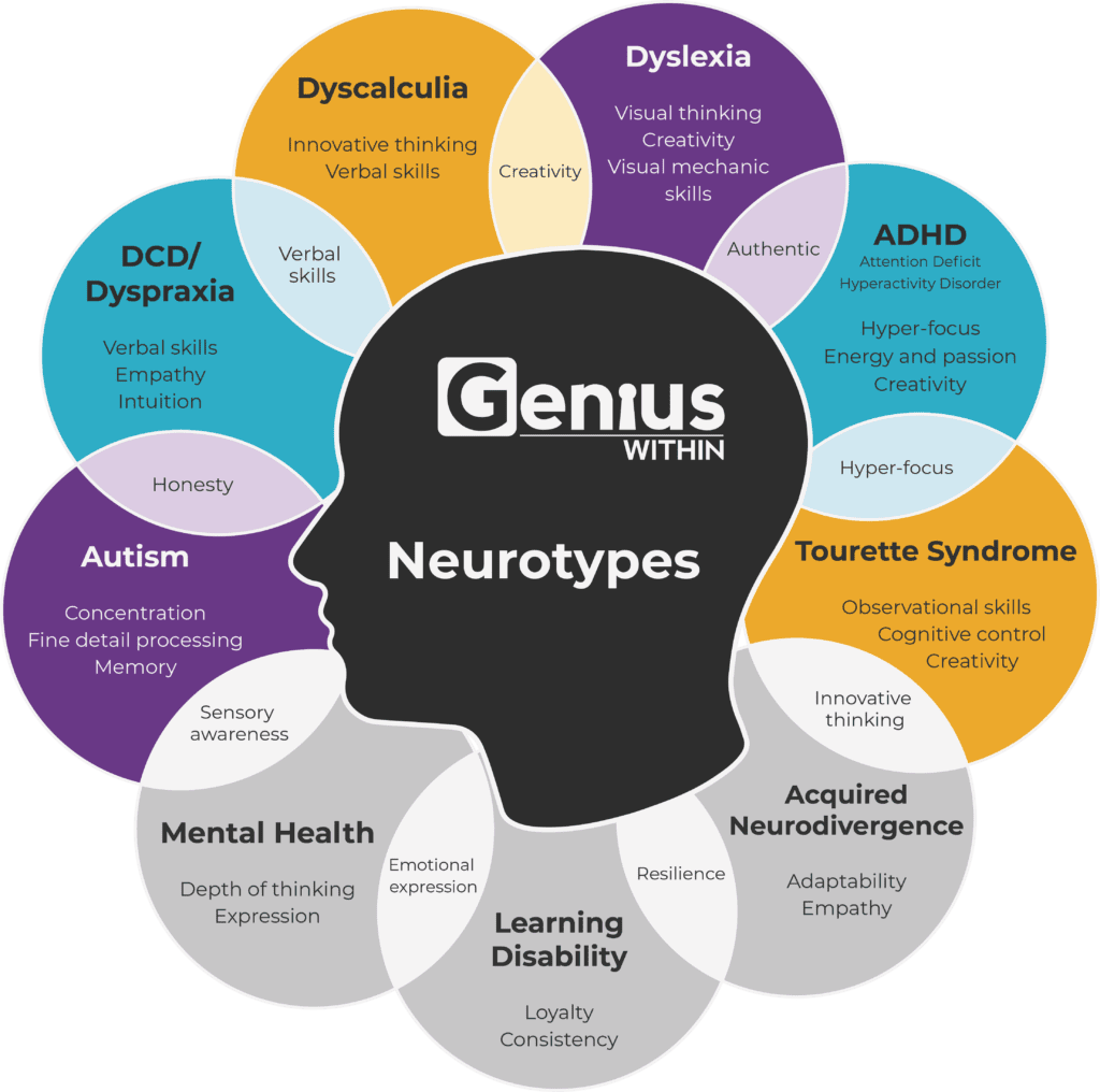 Infographic explaining types of neurodiversity. Image has human head outline at the centre and overlapping text bubbles in a circle around it. Title reads: Neurominorities. The bubbles name different neurotypes and some of the strengths associated with them. In the overlaps they give examples of a strength that is associated between two of the neurotypes. They are as follows; Dyscalculia, Innovative thinking and verbal skills. Overlapping with Dyslexia for creativity. Dyslexia, Visual thinking skills, creativity and 3D mechanical skills overlapping with ADHD for Authenticity. ADHD, creativity, hyper-focus, energy and passion. Overlapping with Tourette Syndrome for hyper-focus. Tourette Syndrome Observational skills, cognitive control and creativity. Overlapping with Acquired neurodiversity for innovative thinking. Acquired neurodiversity, adaptability, empathy. Overlapping with mental health for resilience. Mental health, depth of thinking, expression. Overlapping with Autism for sensory awareness. Autism, concentration, fine detail processing and memory. Overlapping with DCD/Dyspraxia for honesty. DCD / Dyspraxia, verbal skills, empathy and intuition. Overlapping with Dyscalculia for verbal skills.