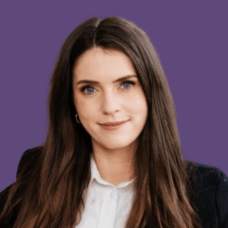 Purple background with image of Charlotte Courtenay, smiling at the camera.