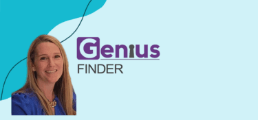 Image of Clare Mottram smiling at the camera, against a blue background with the Genius Finder logo