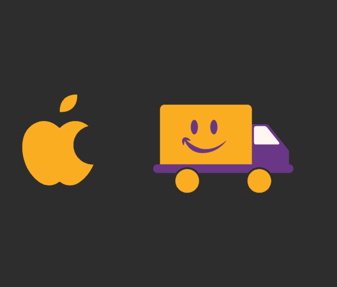 Black background with graphic Apple logo and the Amazon logo on a delivery van