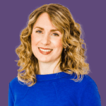 Purple background with image of Caroline Griffith, smiling at the camera wearing a blue top.