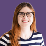 Purple background image of Sarah Louise Walsh, smiling at the camera and wearing glasses.